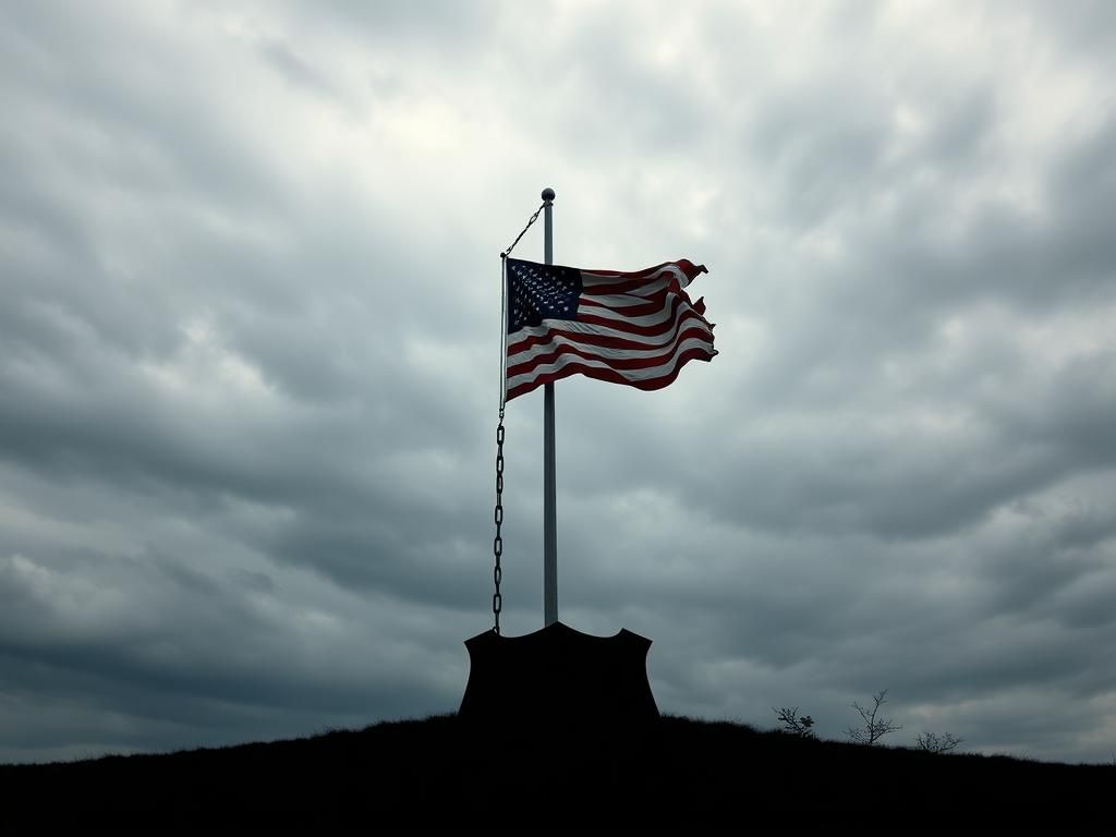 Flick International Empty flagpole with tattered American flag at half-mast against an overcast sky, symbolizing loss and vigilance