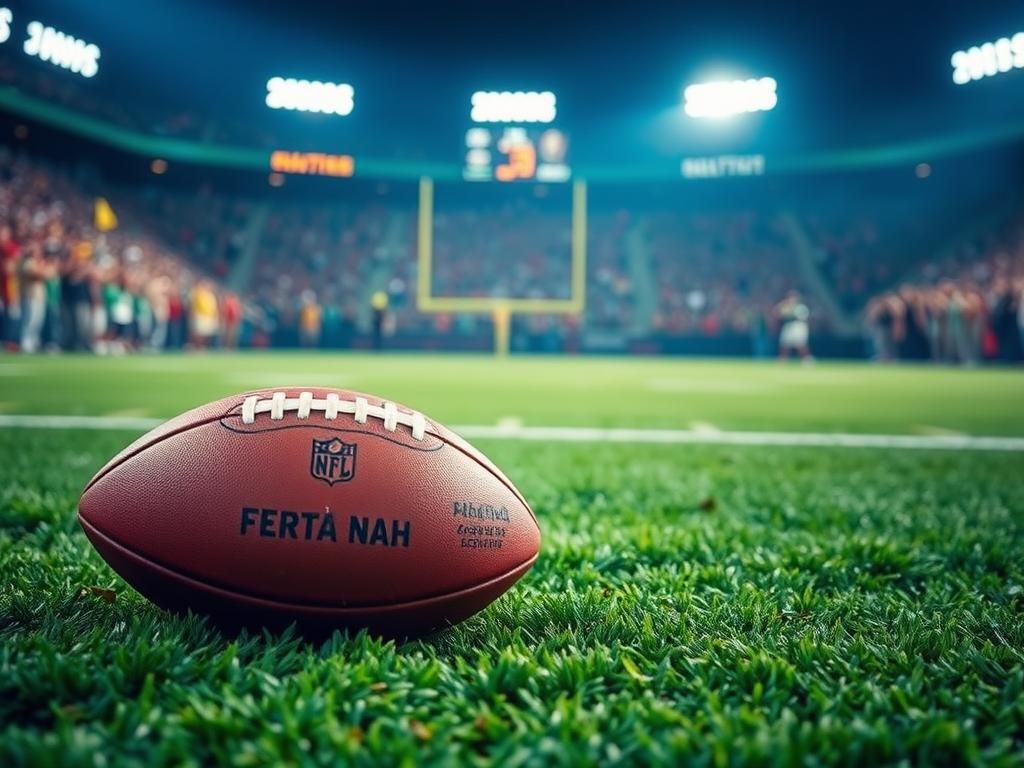 Flick International A dynamic NFL game scene featuring a scuffed football on vibrant green turf with a blurred stadium backdrop.