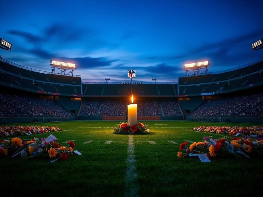 Flick International A serene and somber view of an empty football stadium at dusk with a candle and flowers honoring Charlie Kirk