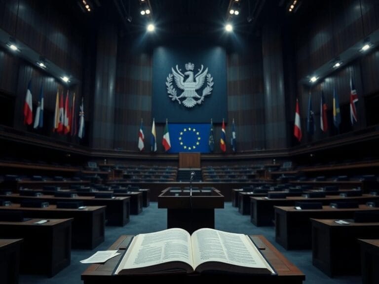 Flick International Empty parliamentary chamber with wooden desks and European flags, symbolizing a moment of reflection