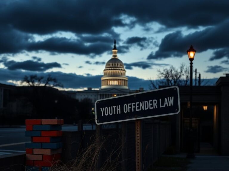 Flick International Silhouette of the Capitol building in Washington, D.C. at dusk with a broken street sign reading 'Youth Offender Law'