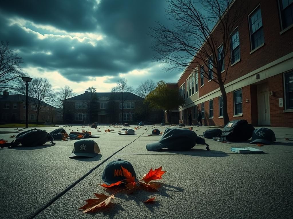 Flick International Outdoor scene depicting a chaotic university courtyard after a shooting incident with scattered personal belongings