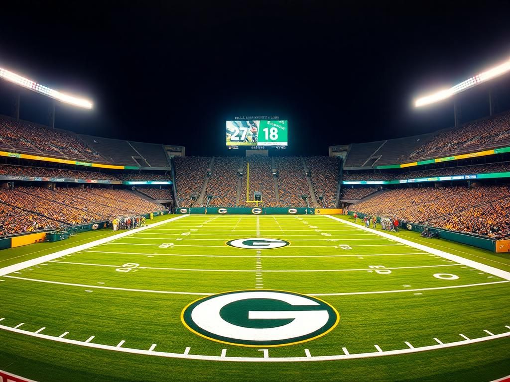 Flick International Panoramic view of Lambeau Field illuminated at night during a Green Bay Packers game