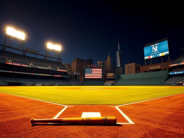 Flick International Nighttime view of Yankee Stadium with a baseball bat resting at home plate