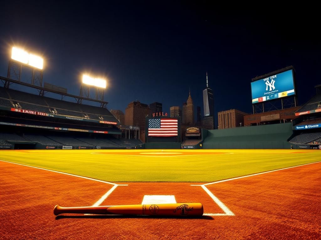 Flick International Nighttime view of Yankee Stadium with a baseball bat resting at home plate