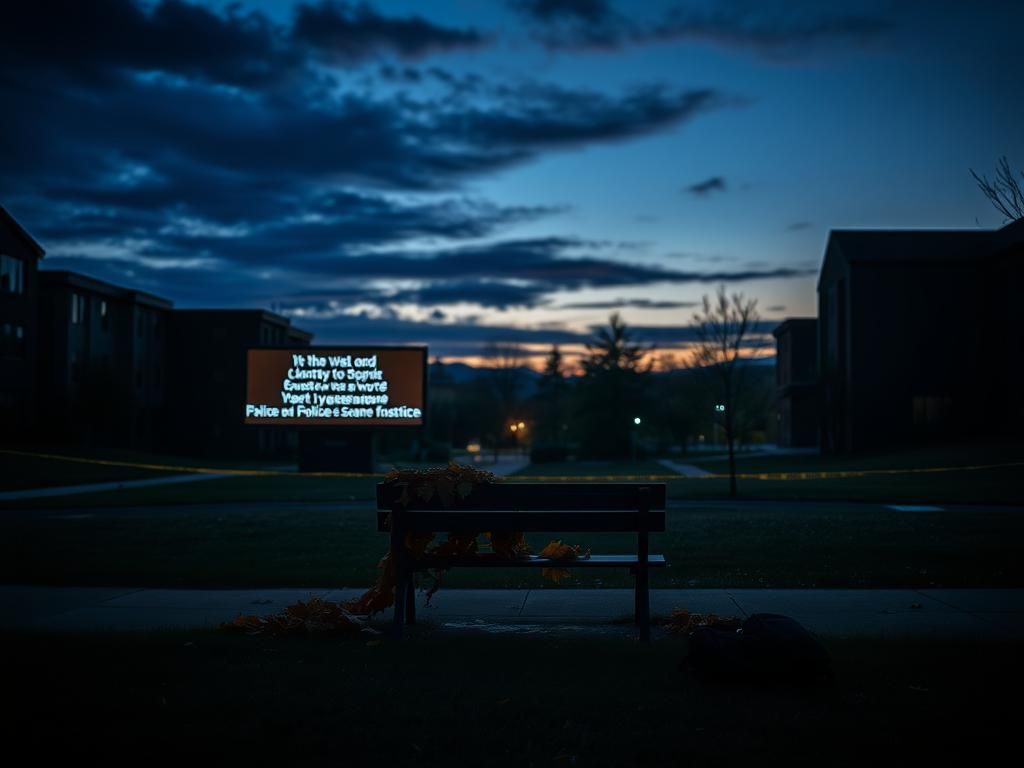 Flick International Somber evening scene at Utah Valley University campus with empty quad and weathered bench