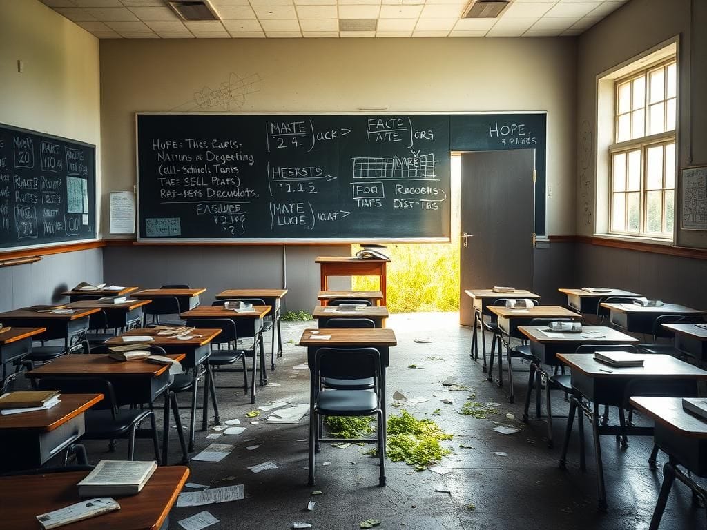 Flick International A desolate classroom with empty desks, neglected textbooks, and a chalkboard displaying outdated math problems.