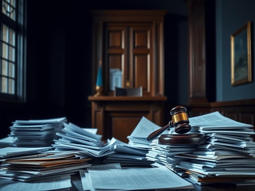 Flick International Dark courtroom setting with judge's bench and gavel symbolizing legal authority