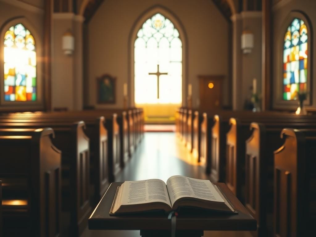 Flick International serene sunlit church interior with open Bible and flickering candles honoring Charlie Kirk