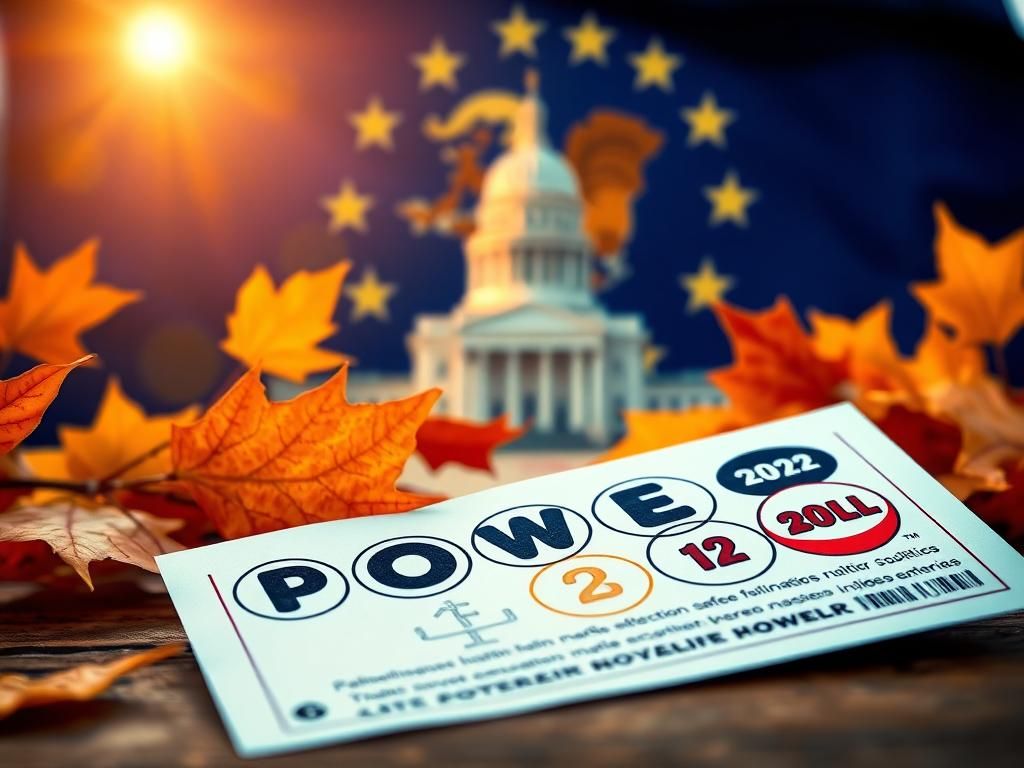 Flick International Close-up view of a vibrant Powerball lottery ticket with colorful numbers against the Illinois state flag