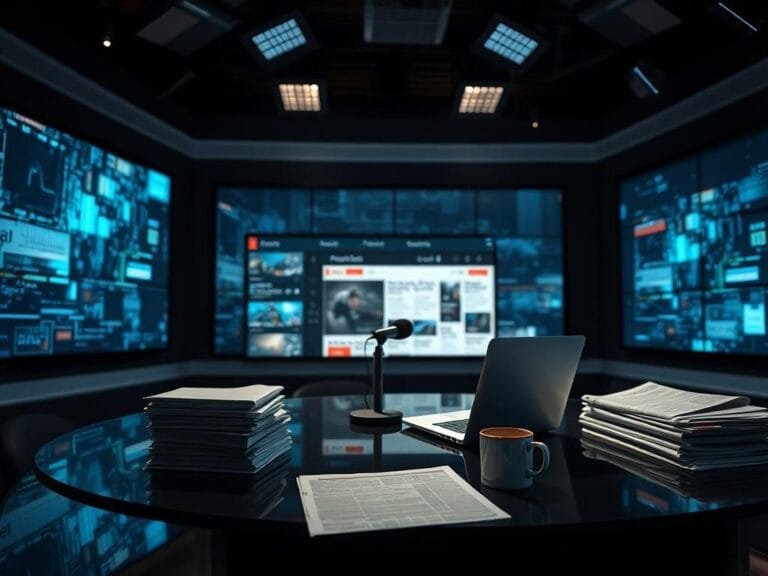 Flick International A dimly lit newsroom with a polished empty news desk, microphone, and blurred laptop screen symbolizing political avoidance