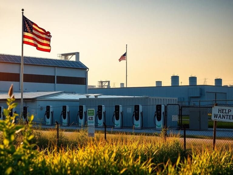 Flick International Wide-angle view of a modern battery facility with solar panels and charging stations