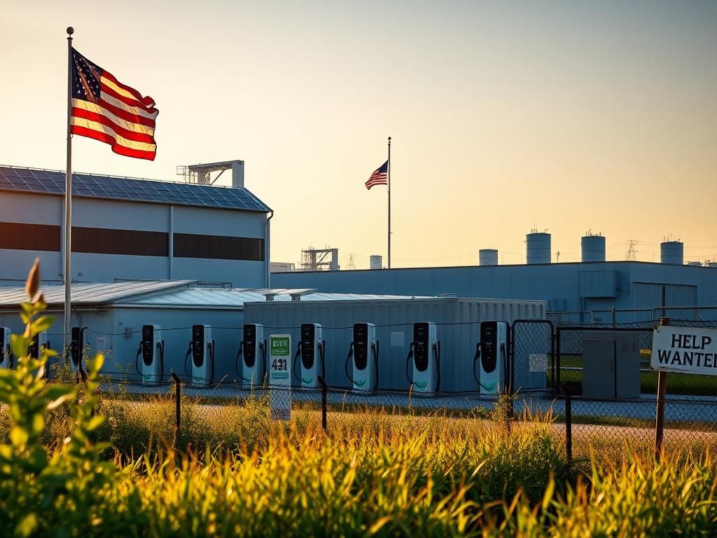 Flick International Wide-angle view of a modern battery facility with solar panels and charging stations