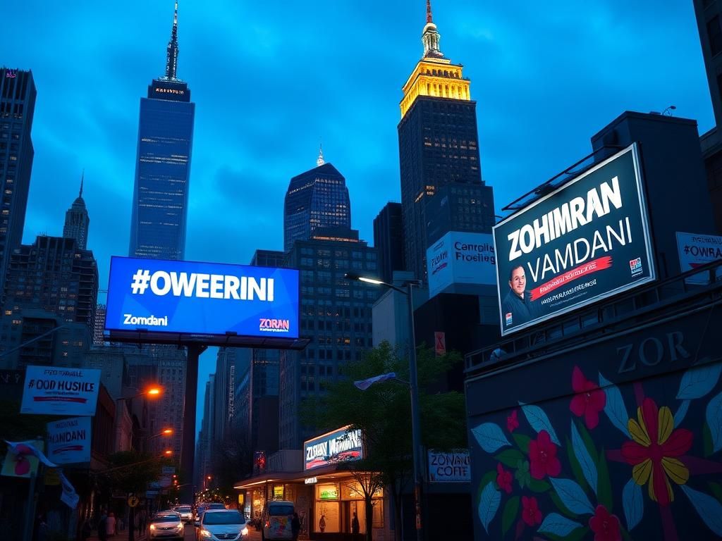 Flick International A vibrant New York City skyline at dusk with campaign billboards for Zohran Mamdani