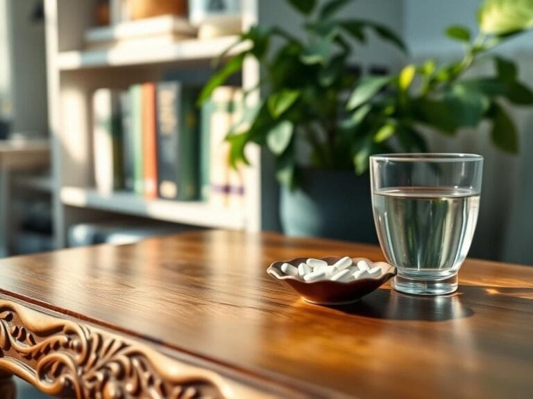 Flick International Close-up of a carved wooden table with beta blocker pills and a serene background