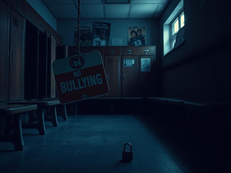 Flick International Dimly lit school locker room with empty benches and ajar lockers