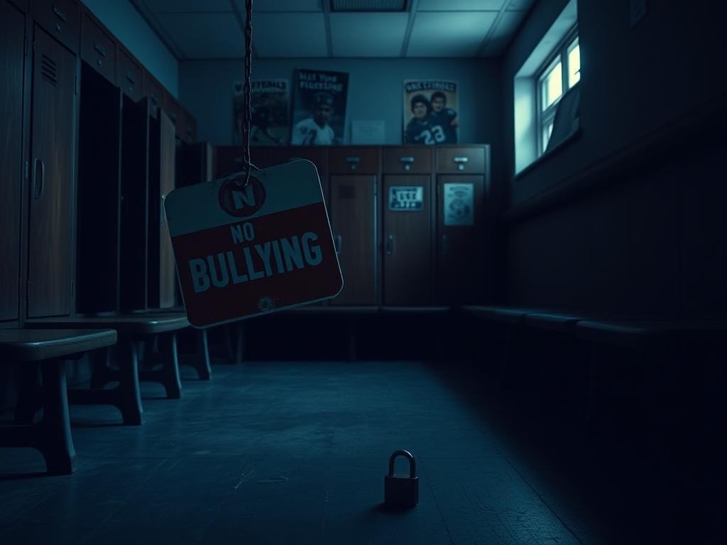 Flick International Dimly lit school locker room with empty benches and ajar lockers