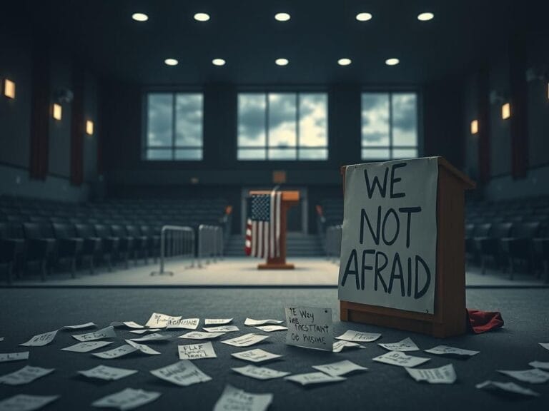 Flick International Empty lecture hall with podium and American flag representing the aftermath of Charlie Kirk's assassination