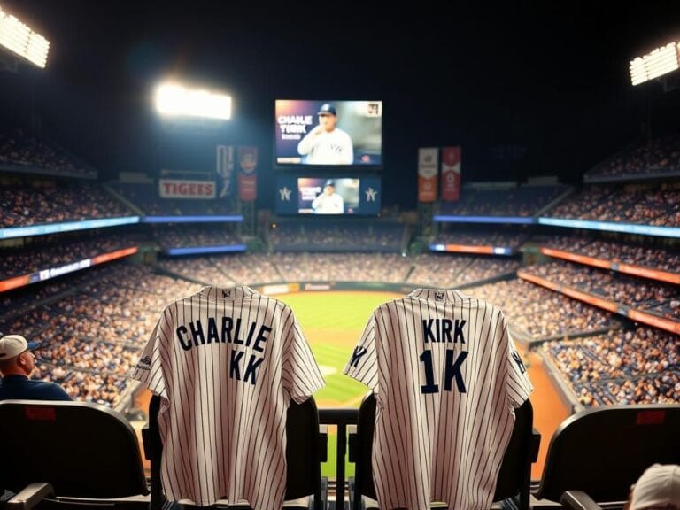 Flick International Tribute shirts for Charlie Kirk displayed in empty seats at Yankee Stadium during Yankees-Tigers game