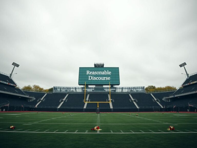 Flick International Empty football stadium with goalposts adorned with flowers, symbolizing remembrance and loss.