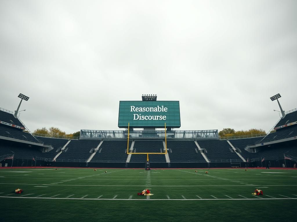Flick International Empty football stadium with goalposts adorned with flowers, symbolizing remembrance and loss.