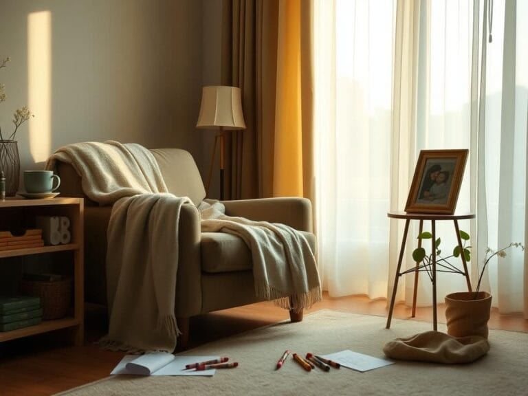 Flick International A cozy living room with a comfy armchair, steaming herbal tea, and children's art supplies, symbolizing warmth and care in a family's journey.