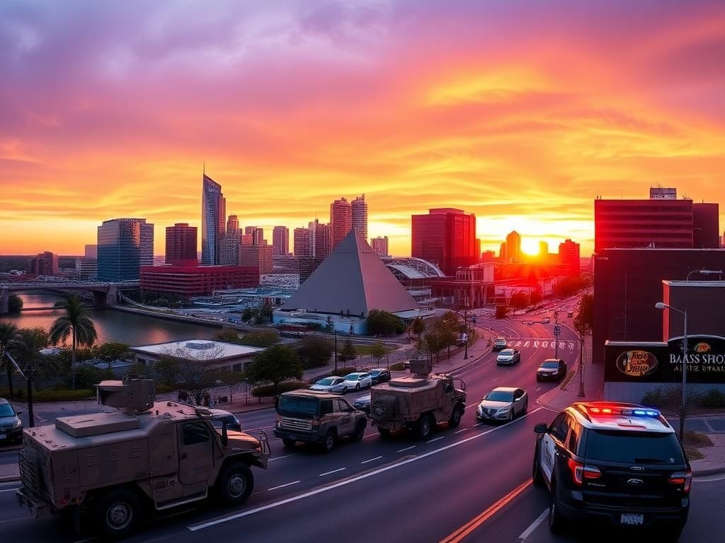 Flick International A panoramic view of Memphis, Tennessee, featuring National Guard vehicles and city landmarks at sunset.