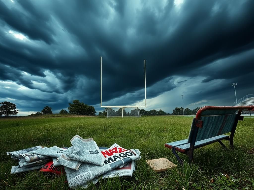 Flick International A stormy sky over an empty football field with neglected goalposts and scattered political signs
