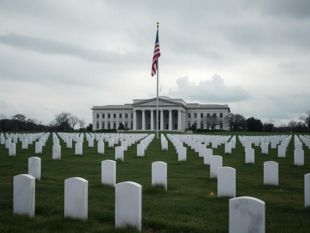 Flick International Empty military cemetery under a gray sky with white gravestones and an American flag at half-mast