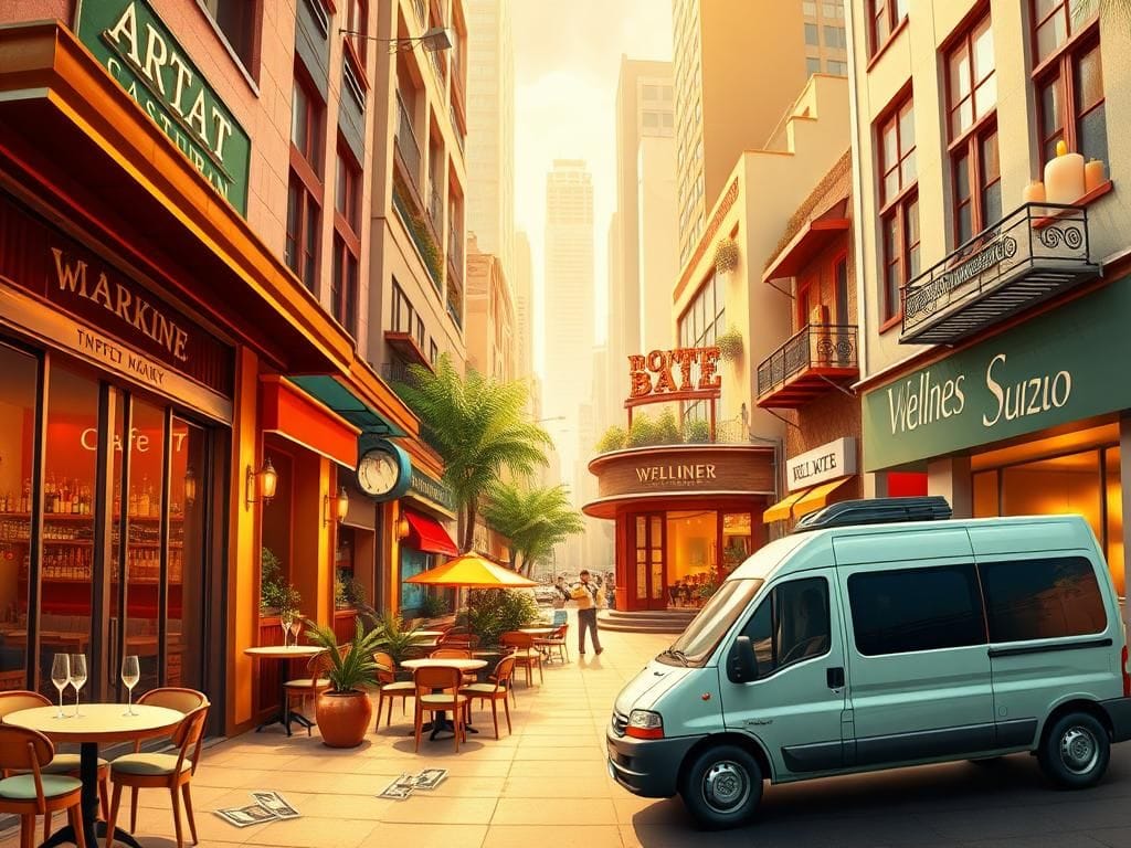 Flick International A vibrant urban scene showcasing various sectors benefiting from tax breaks, including a restaurant, bar, hotel, cafe, and wellness studio.