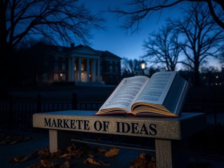 Flick International Dimly lit university campus with a historic building and a stone bench inscribed with 'Marketplace of Ideas'