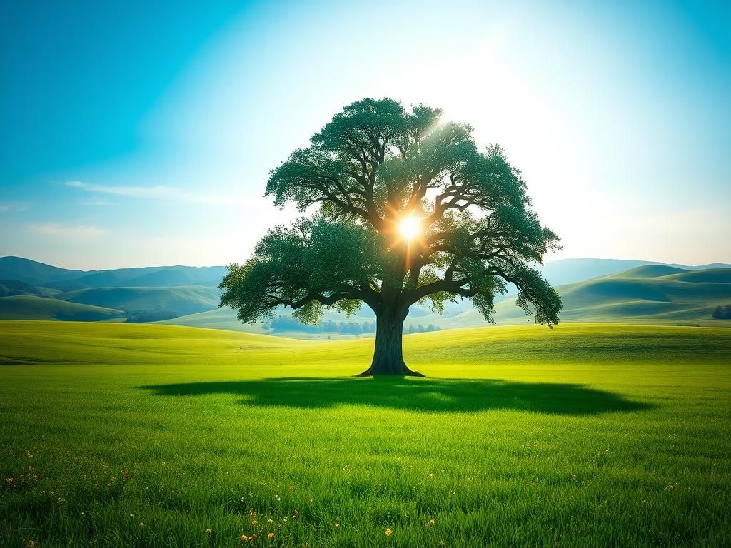 Flick International Majestic oak tree standing alone in a vibrant green field under a clear blue sky