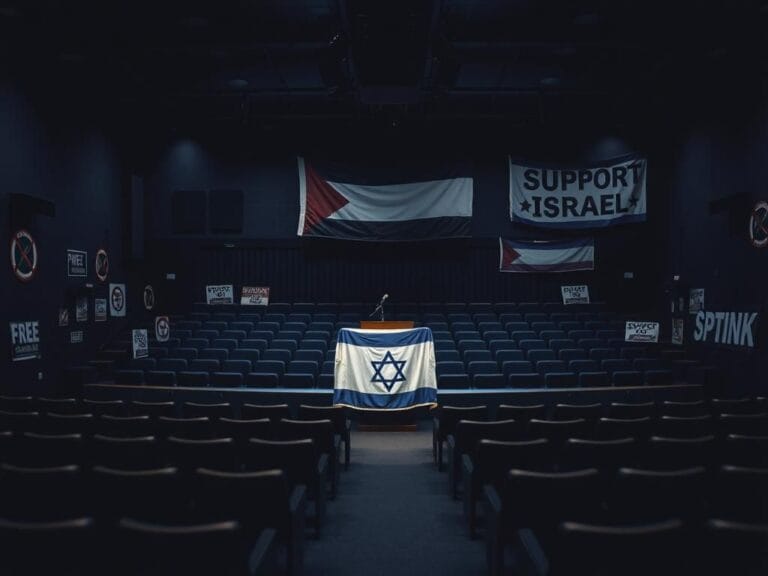 Flick International Dimly lit university auditorium with empty seats and a spotlight on a podium draped with an Israeli flag