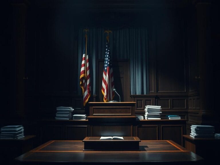 Flick International Interior of a congressional hearing room with an empty podium and documents