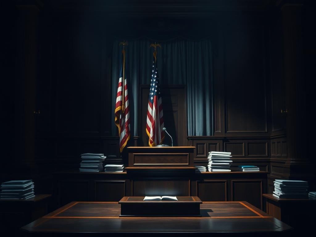 Flick International Interior of a congressional hearing room with an empty podium and documents
