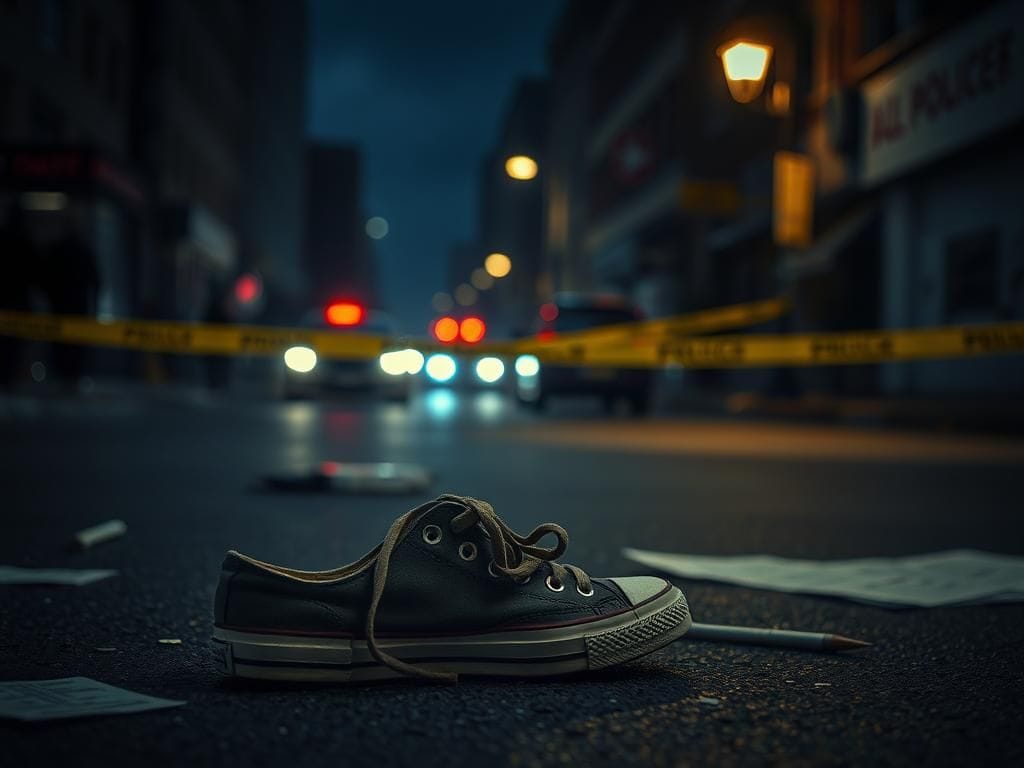 Flick International Abandoned Converse sneakers on a dimly lit street marked by police tape