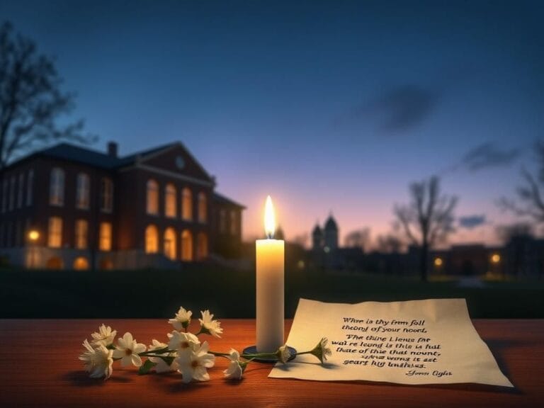 Flick International Peaceful university campus at twilight with a candle and flowers
