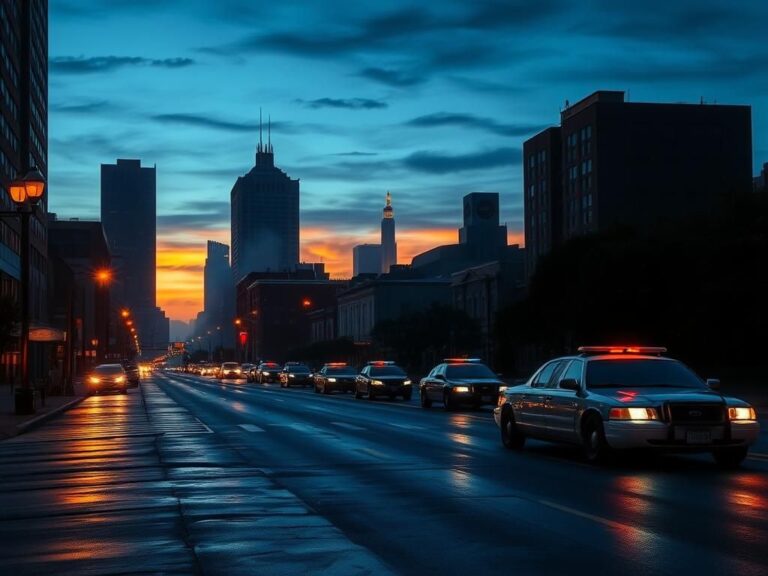 Flick International Dramatic urban landscape of Memphis at dusk with police cars and National Guard vehicles
