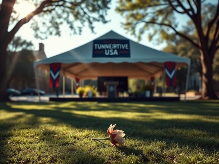 Flick International A tranquil outdoor scene with an empty tent and a wilted flower on a podium, symbolizing remembrance for Charlie Kirk