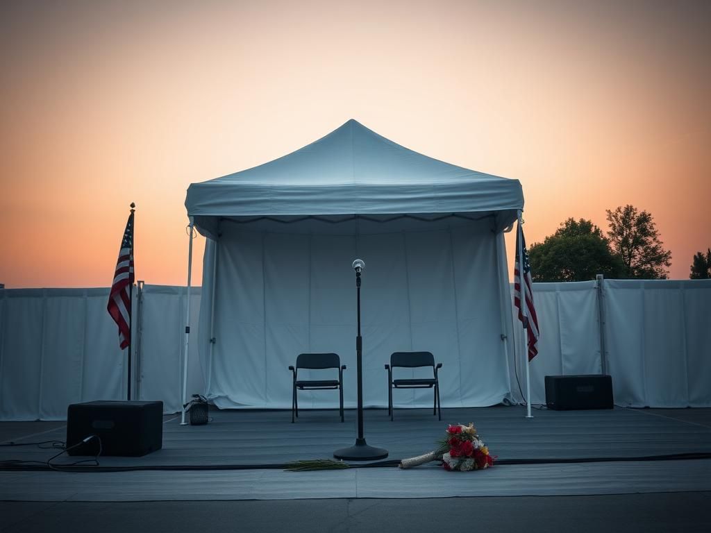 Flick International Empty outdoor stage set for a political event with a microphone and wilted flowers
