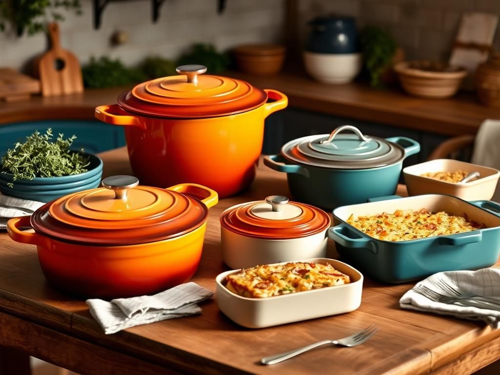 Flick International A beautifully arranged display of Le Creuset's Modern Heritage cookware collection on a rustic kitchen table featuring a flame orange Dutch oven and various elegant dishes.