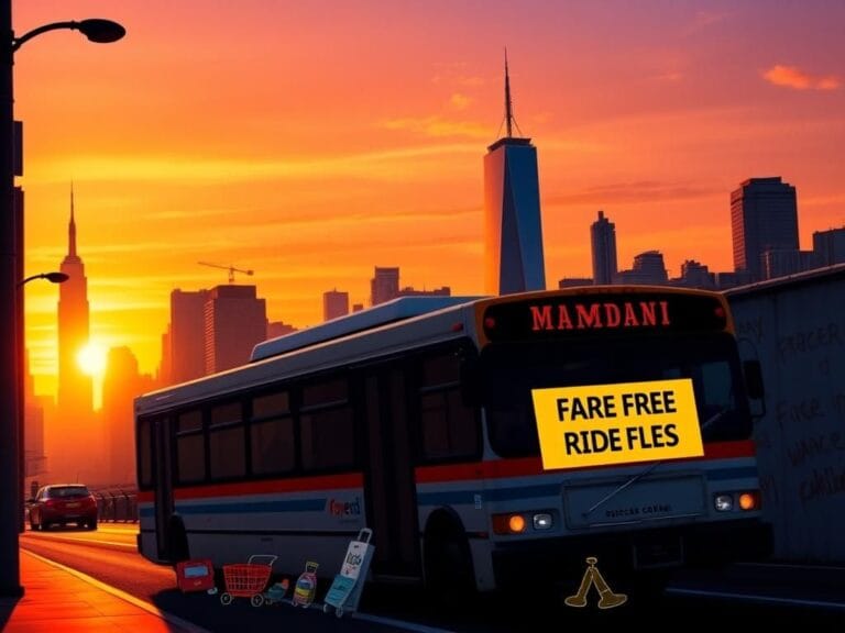 Flick International Vibrant New York City skyline at sunset with Fare-Free Rides bus promoting Mamdani's policies