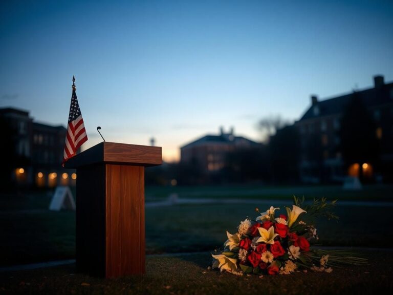Flick International A weathered podium with an American flag and floral tribute on a serene university campus at dusk
