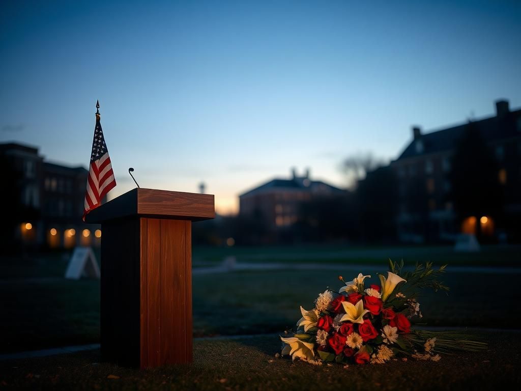 Flick International A weathered podium with an American flag and floral tribute on a serene university campus at dusk
