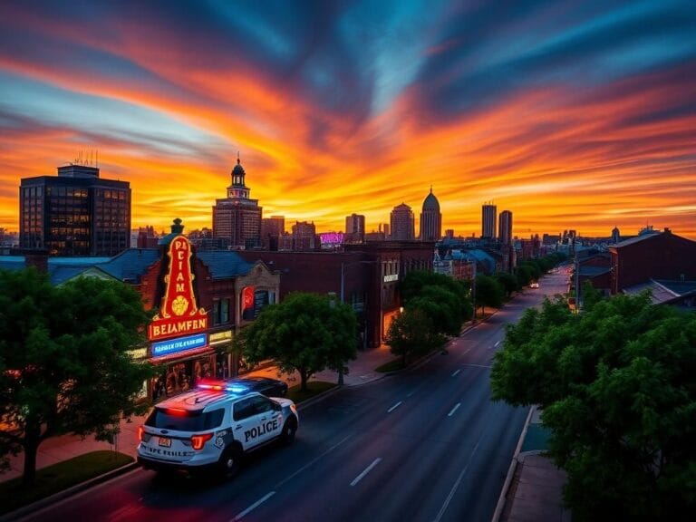 Flick International Aerial view of Memphis, Tennessee at twilight with police vehicle and dynamic cityscape