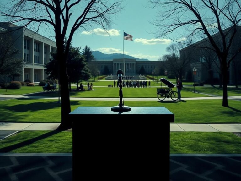 Flick International Empty podium on a university campus with a microphone, symbolizing the absence of a powerful conservative speaker.