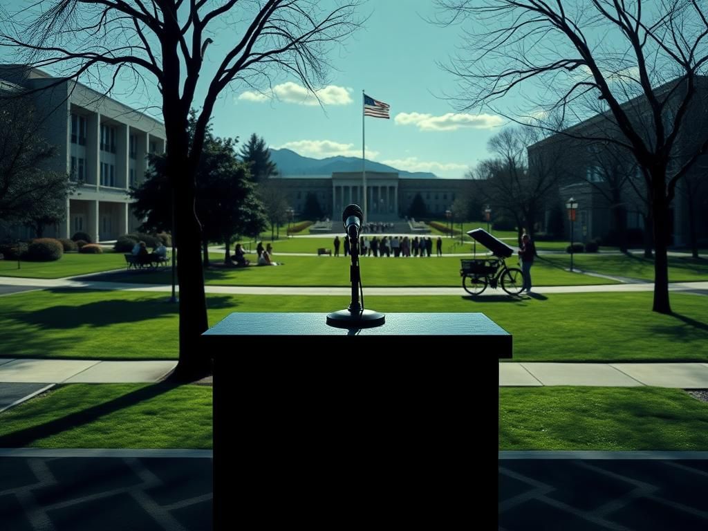Flick International Empty podium on a university campus with a microphone, symbolizing the absence of a powerful conservative speaker.