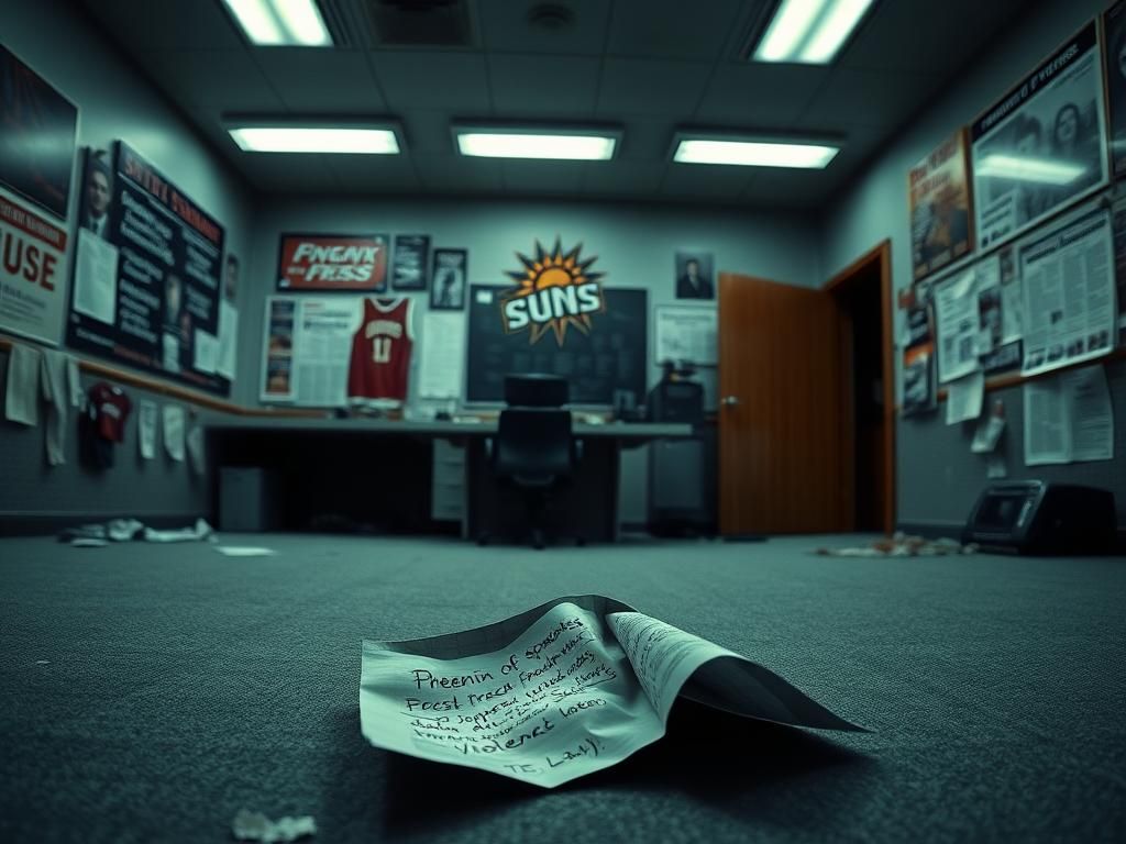 Flick International Somber sports press room with scattered notes and abandoned laptop