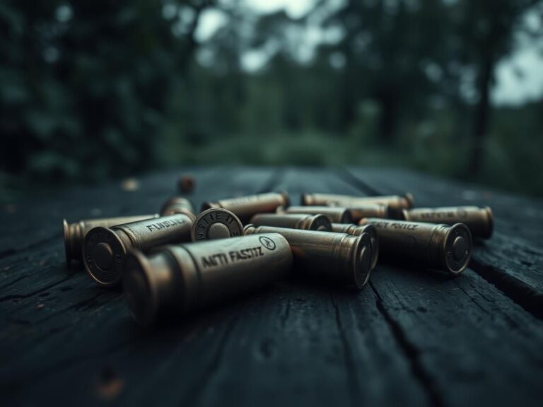 Flick International Close-up view of bullet casings with anti-fascist engravings on a dark wooden surface