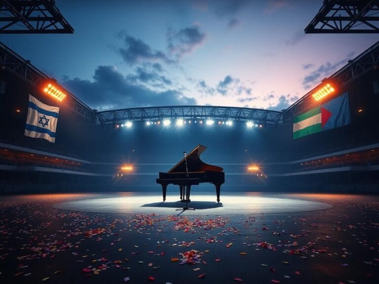 Flick International Dramatic view of an empty Wembley Stadium stage with a grand piano under a twilight sky